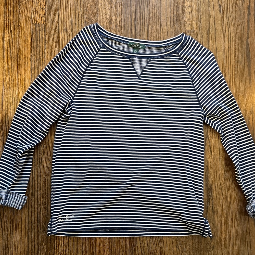 Ralph Lauren Jean Co. Navy and White Striped Crew Sweater with 3/4 Sleeves
